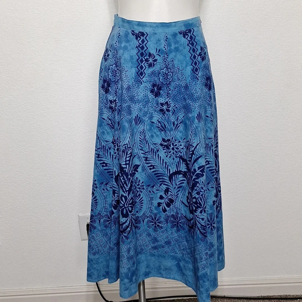 Coldwater Creek Blue Floral Coastal Bohemian Side Button Maxi Skirt Size SP